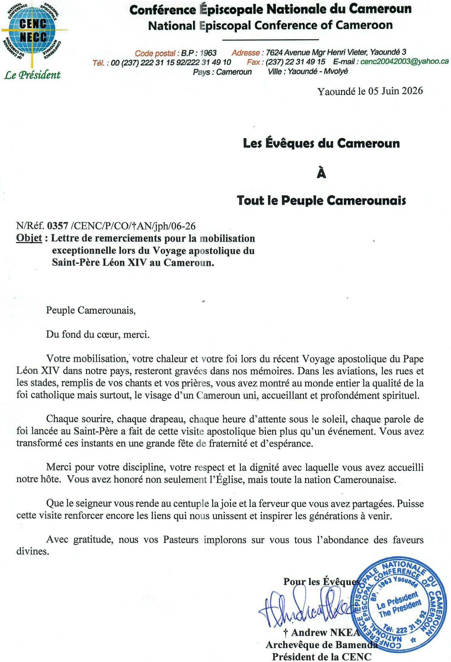 Lettre officielle de la Conférence Épiscopale Nationale du Cameroun remerciant le peuple camerounais pour sa mobilisation lors du voyage apostolique du Pape Léon XIV au Cameroun en juin 2026.
